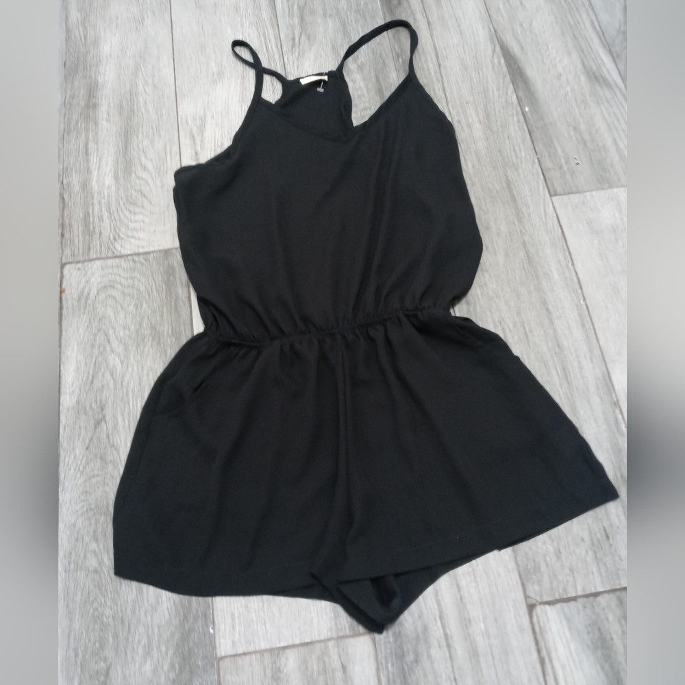 John Galt Sheer Black Chiffon Romper w Pockets Gathered Waist Side Zipper OS